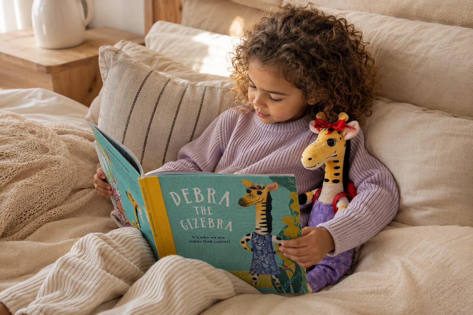 A child reading Debra the Gizebra in bed, cuddling the Debra soft toy
