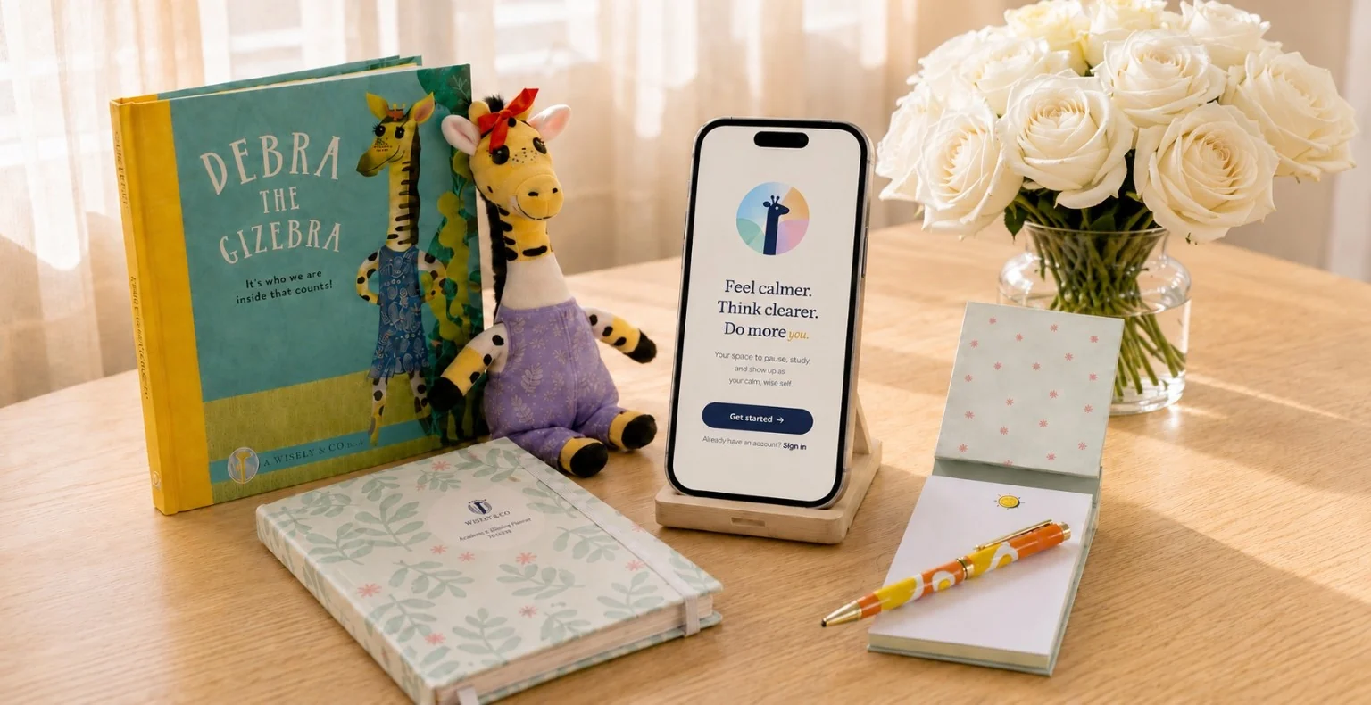 Debra the Gizebra book and soft toy, Wisely academic and wellbeing planner, notepad and pen, and a phone showing the HeyWisely welcome screen on a sunlit wooden desk